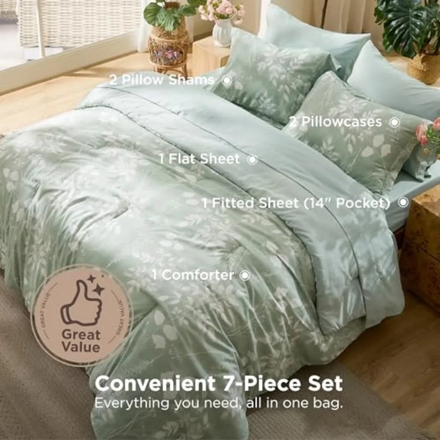 Comforter Set - 7 Pieces Floral Sage Green GentleSoft™ Bedding Sets Bed in a Bag with Botanical Flowers Winter Comforter Sheets