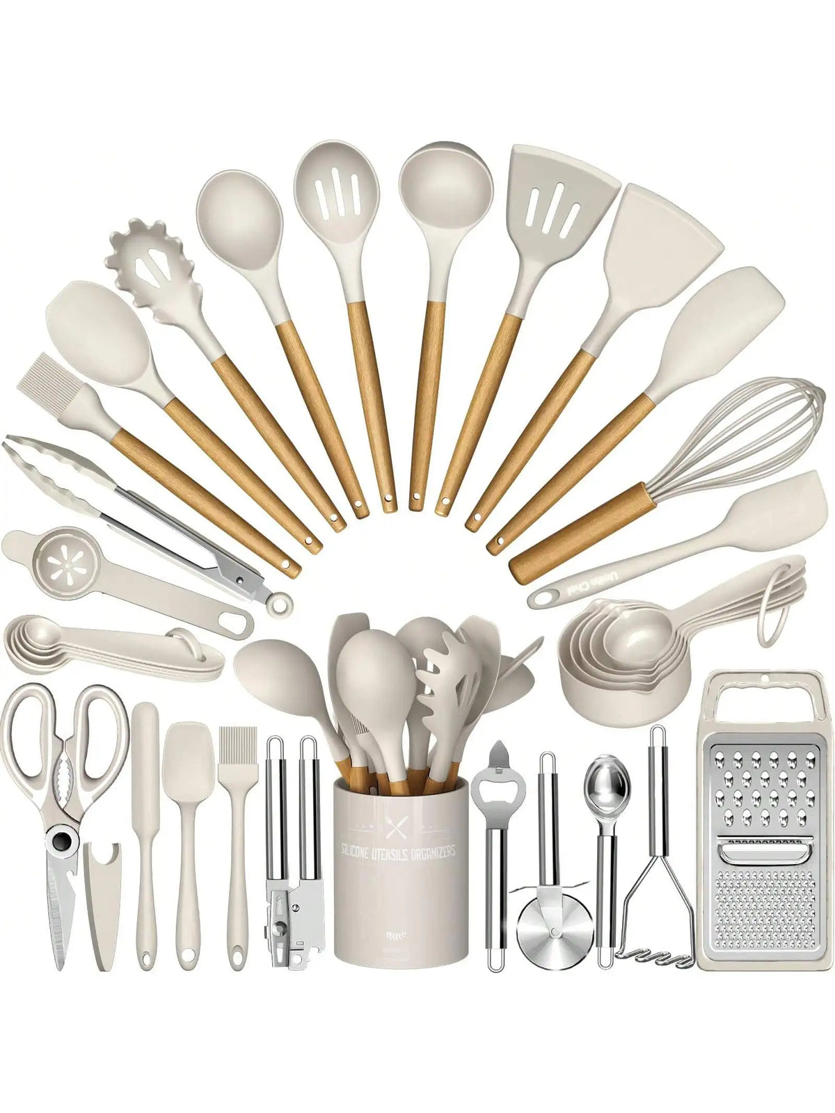 Silicone Kitchen Utensils Set Modern Cooking Utensil Set 34 PCS Black Heat Resistant Silicone Wooden Handles With Holder Nonstick Cooking Spatula Set For Cooking Baking Kitchen Gadgets Tools Set Housewarming Gift