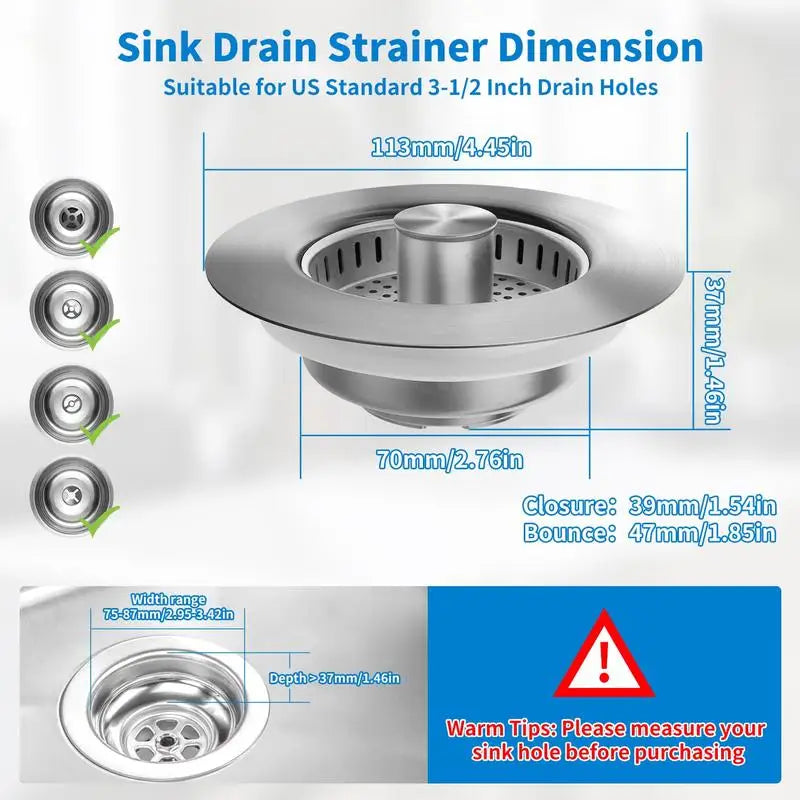 3-in-1 Stainless Steel Kitchen Sink Strainer - Pop-Up Stopper with Anti-Clogging Basket and Odor Filter, Easy Clean Drain Strain