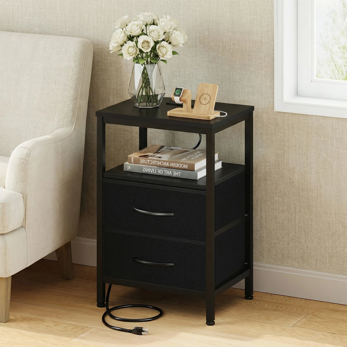 JHK 2 Fabric Drawers Night Stand with Open Shelf Bedside Table with USB Ports Charging Station Storage End Table for Living Room
