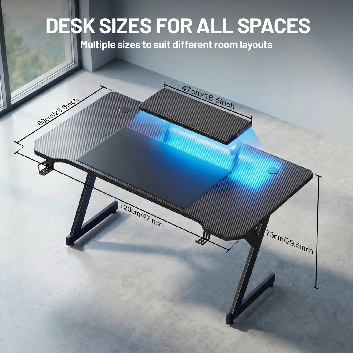 FRODROVIA Ergonomic Gaming Desk with Elevated Monitor Riser Stand & Built-in LED Light Strip, Large Curved Carbon Fiber Surface Computer Desk, Gaming Workstation with Cup Holder & Headphone Hook for Gaming Streaming Home Offi