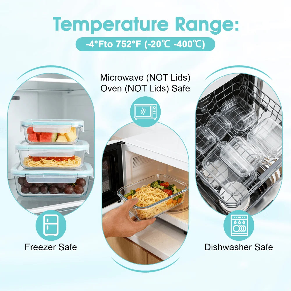 Glass Food Storage Containers Modern Sleek 24 Pcs Set Clear Glass With Light Blue Airtight Snap Lids Leakproof Microwave Oven Safe For Meal Prep Lunch Fruit Pantry Kitchen Storage Housewarming Gift