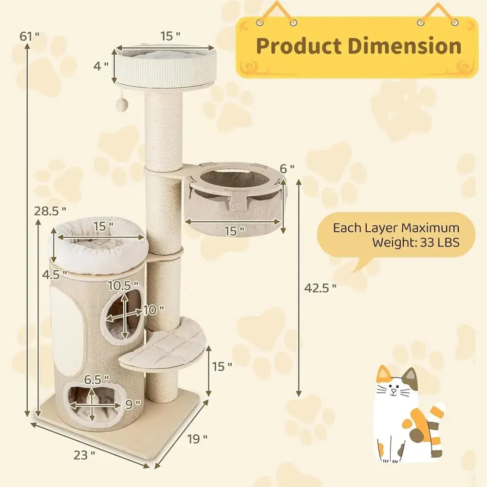 61 Multi-Level Tall Cat Tower with 2 Condos, Top Perch, Sisal Posts, Carpet, Hammock, Balls, Removable Bed for Indoor Cats