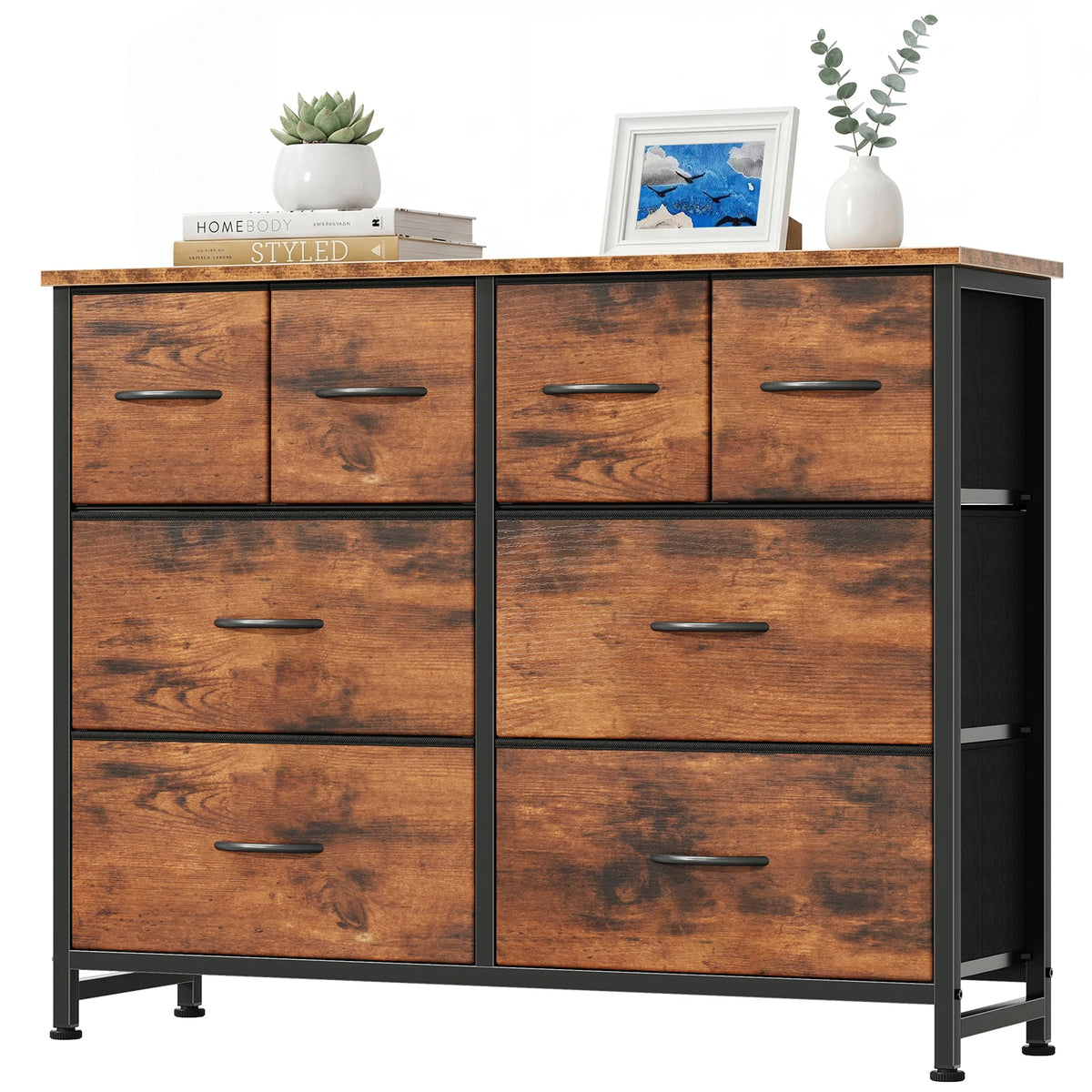 MCQ 8 Fabric Drawers Cabinet with Wood Top For Living Room Storage Cabinet Organizer with Mental Frame Beside Nightstand Dresser Tables Display Furniture