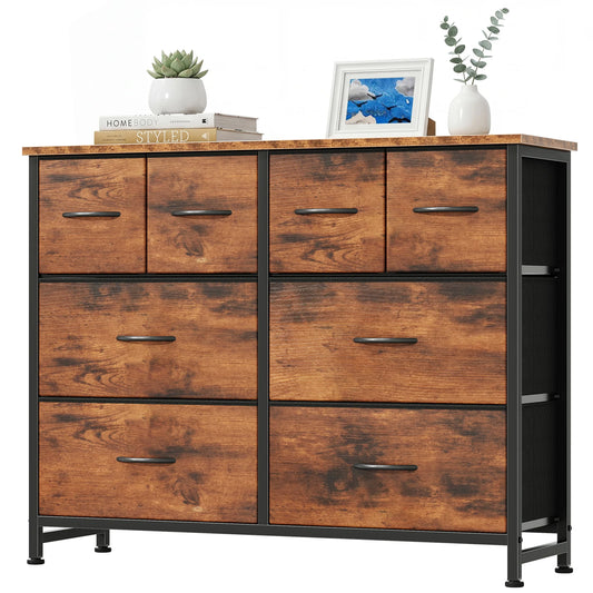 MCQ 8 Fabric Drawers Cabinet with Wood Top For Living Room Storage Cabinet Organizer with Mental Frame Beside Nightstand Dresser Tables Display Furniture