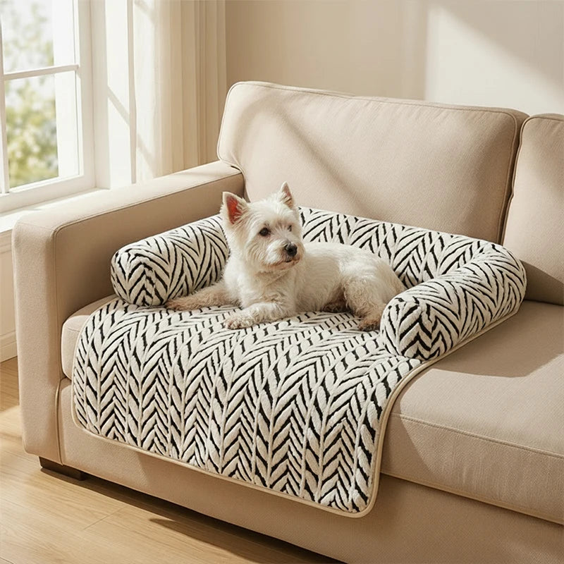 Pet Sofa Bed Mat with Side Bolsters Soft Fluffy Couch Protector Mat Anti-slip Dog Cat Bed Sleeping Cushion for Small Medium Pets