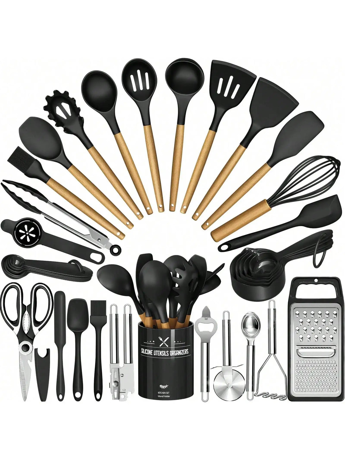 Silicone Kitchen Utensils Set Modern Cooking Utensil Set 34 PCS Black Heat Resistant Silicone Wooden Handles With Holder Nonstick Cooking Spatula Set For Cooking Baking Kitchen Gadgets Tools Set Housewarming Gift