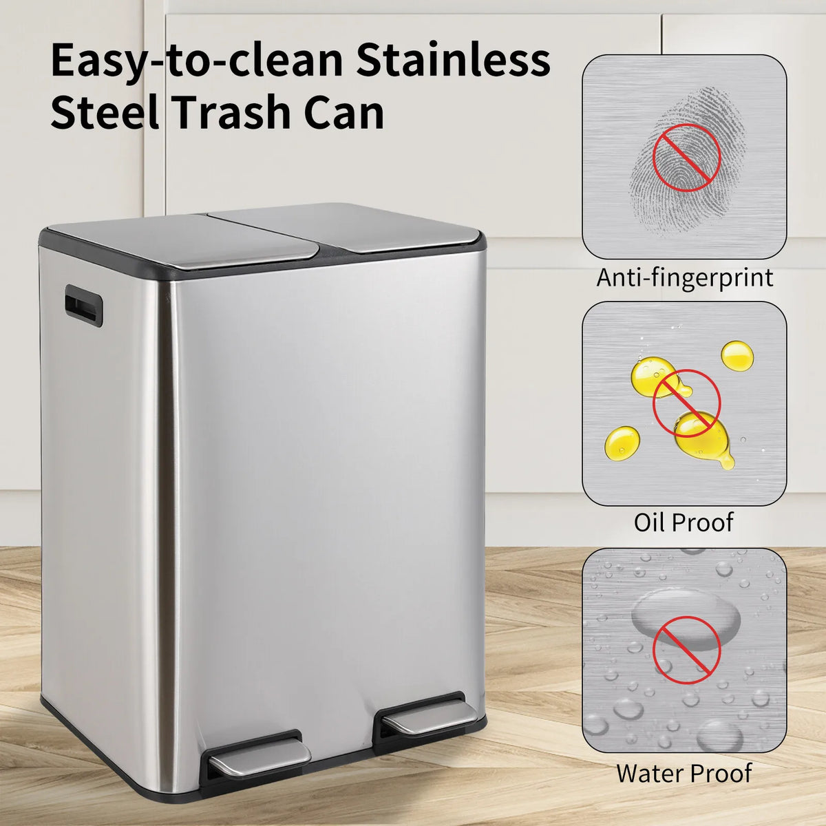 60L/16 Gal Dual Trash Can Stainless Steel Step Garbage Can w/Built-in Filter Box Kitchen Garbage Bin Recycle Waste Dustbin