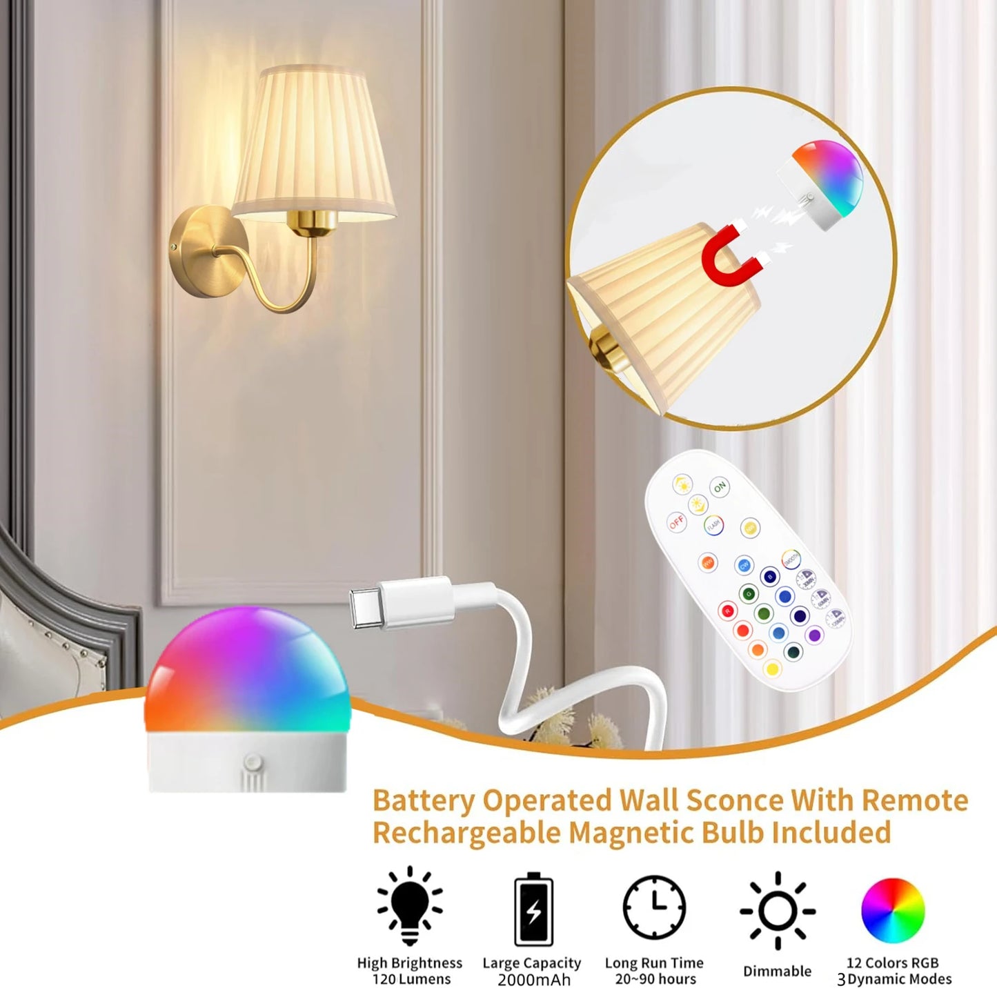 Battery-Powered Wall Light, Wireless Charging Wall Light with Remote Control, Dimmable, 15Rgb, Timer, Suitable for Living Room, Bedroom, Entryway, Gold Color