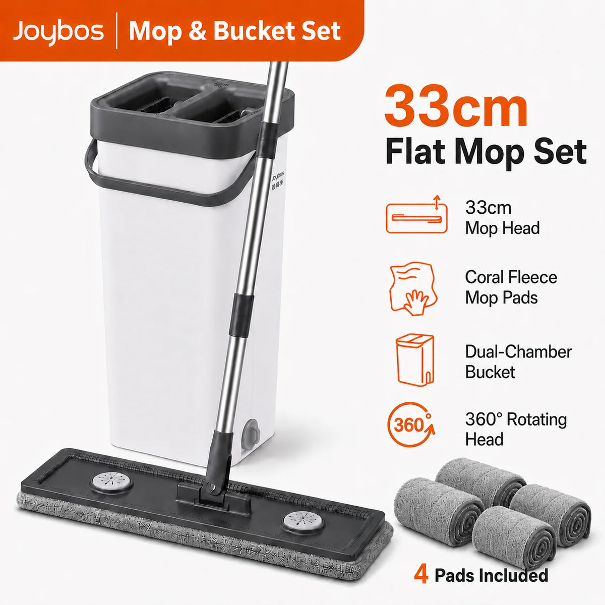 Joybos Flat Mop And Bucket Set With Hands-Free Wringer, 13-Inch Wash & Dry Dual-Chamber Floor Cleaning System, 360° Rotating Swivel Head For Hardwood/Tile, Includes 2 Coral Fleece Pads