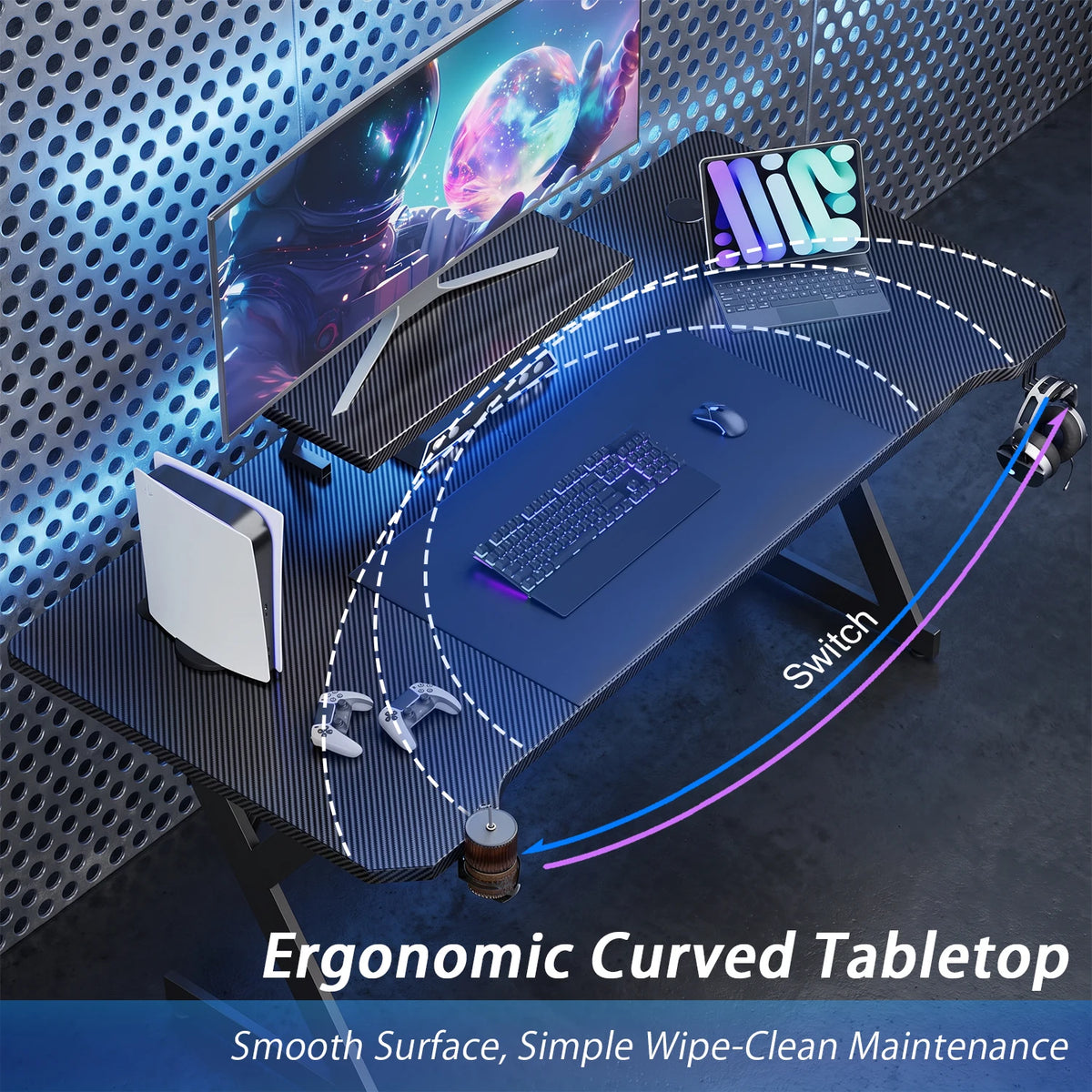 FRODROVIA Ergonomic Gaming Desk with Elevated Monitor Riser Stand & Built-in LED Light Strip, Large Curved Carbon Fiber Surface Computer Desk, Gaming Workstation with Cup Holder & Headphone Hook for Gaming Streaming Home Offi