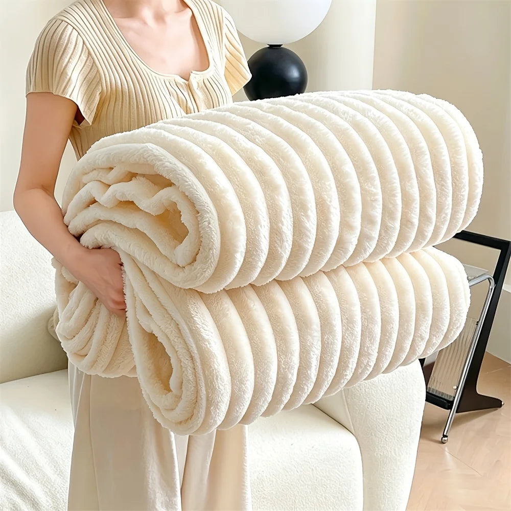 Super Soft Striped Fleece Blanket Cozy Ribbed Flannel Bed Throw Warm Elegant Plush Blanket for Sofa Couch Bedspread Luxurious Comfy Travel Camping Blanket Solid Warm All Season Bedding Blanket Twin Queen King