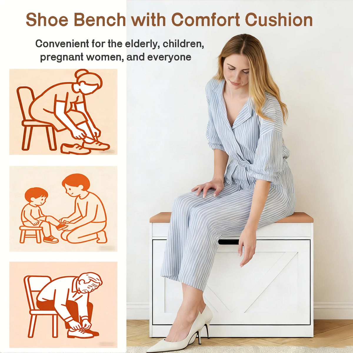 27.5" Storage Bench with Flip Drawers and Adjustable Shelf, Flip-up Cabinet & Padded Cushion - Space-Saving Shoe Cabinet, Organizer for Entryway, Hallway, Bedroom