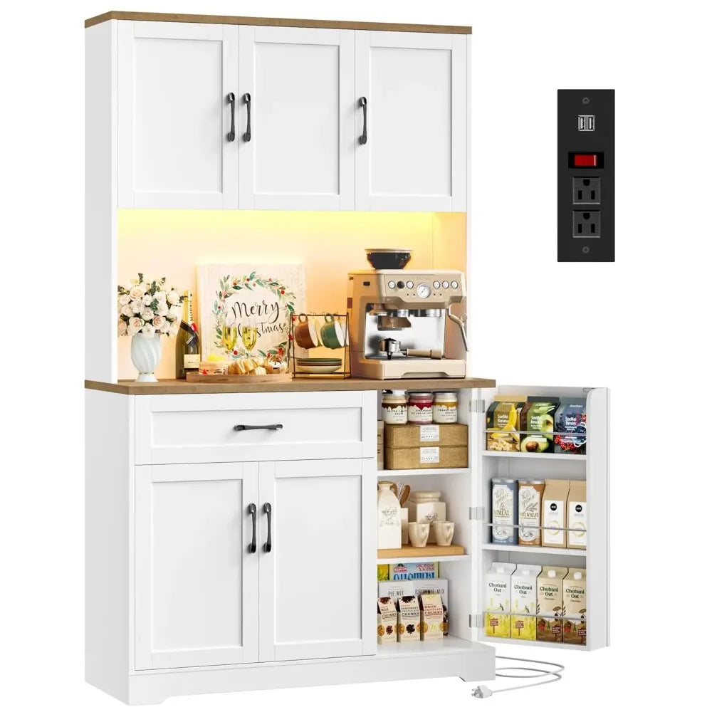 71" LED Pantry Cabinet with Power Outlet, Tall Kitchen Hutch Storage Cabinet with Microwave Stand & 6 Door Shelves,, Customized