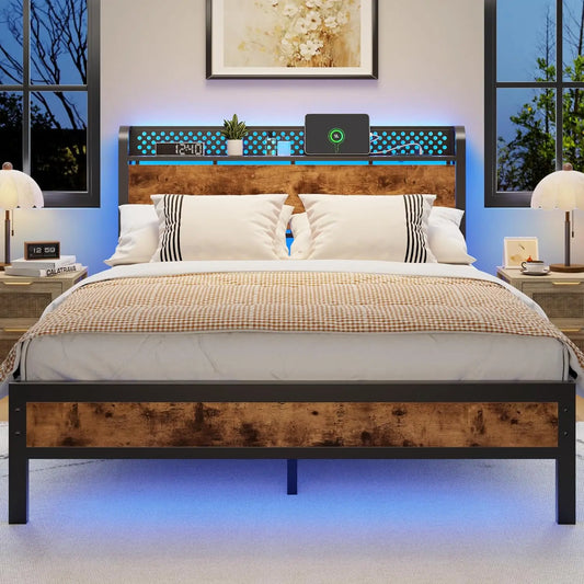 Queen Bed Frame with Headboard Storage, Bed Frame Queen Size with Charging Station and LED Lights No Box Spring, Customized