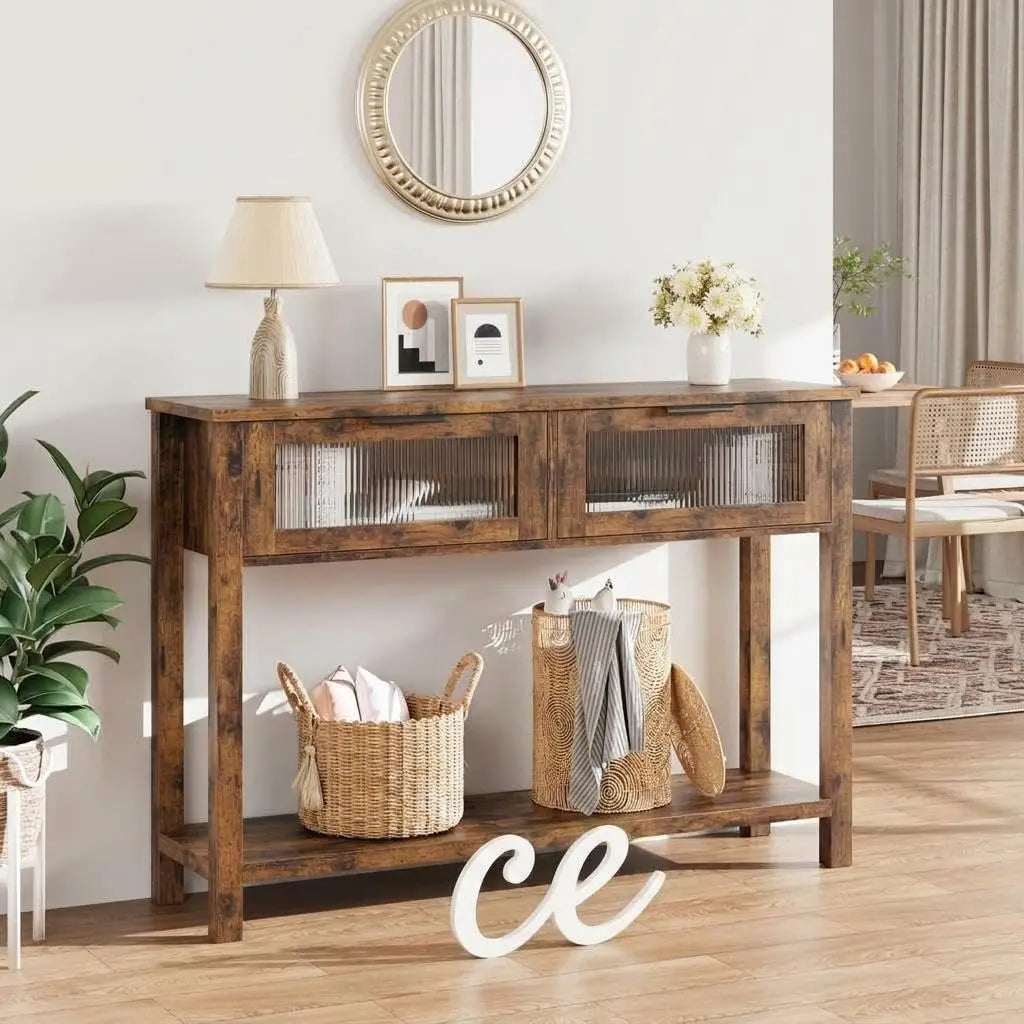 Narrow Console Table 2 Glass-Front Drawers 2-Tier Wood Sofa/Entryway Table with Open Storage Shelf for Living Room Hallway Foyer