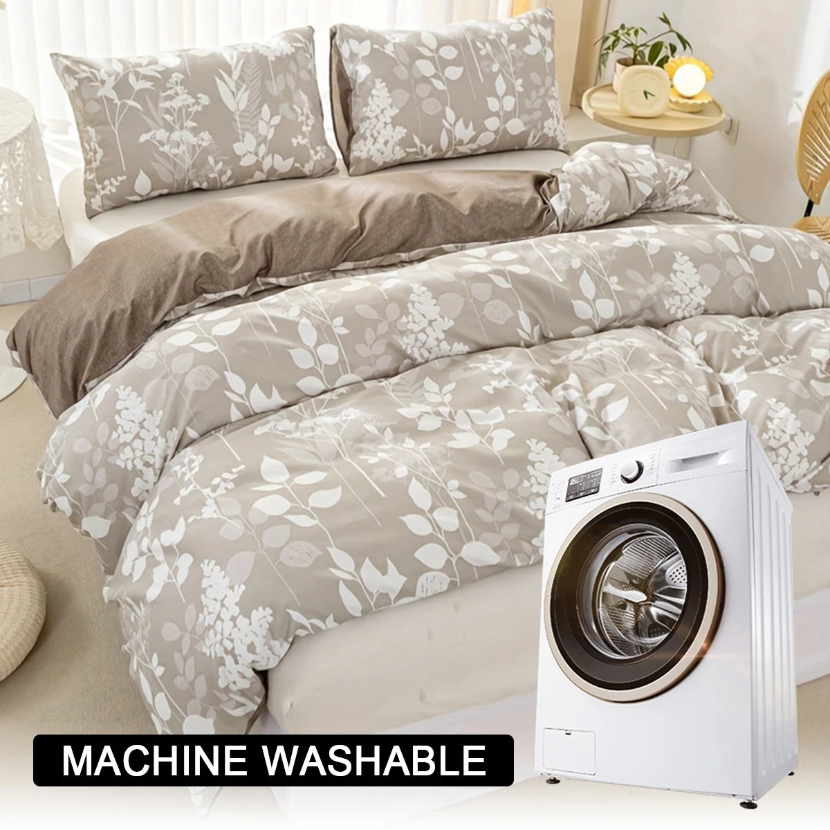 Nihe Sunlight Plant Print Three-Piece Set, Breathable and Soft, Suitable for All Seasons, 1 Duvet Cover + 2 Pillowcases