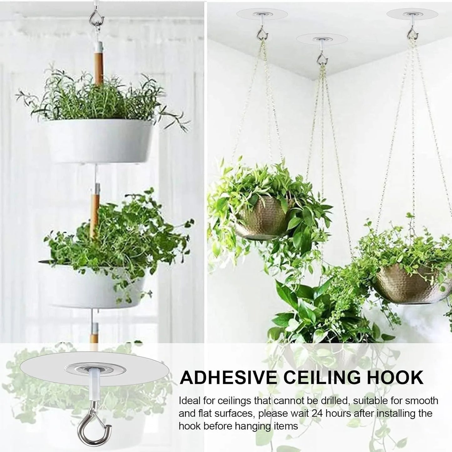 5Pcs Self Adhesive Ceiling Hooks Heavy Duty, No Drill Ceiling Hooks for Hanging Plants, No Drill Plant Hangers with Safety Locks for Hanging Lights Plants Chimes Fans Wall Decor in Kitchen Bathroom