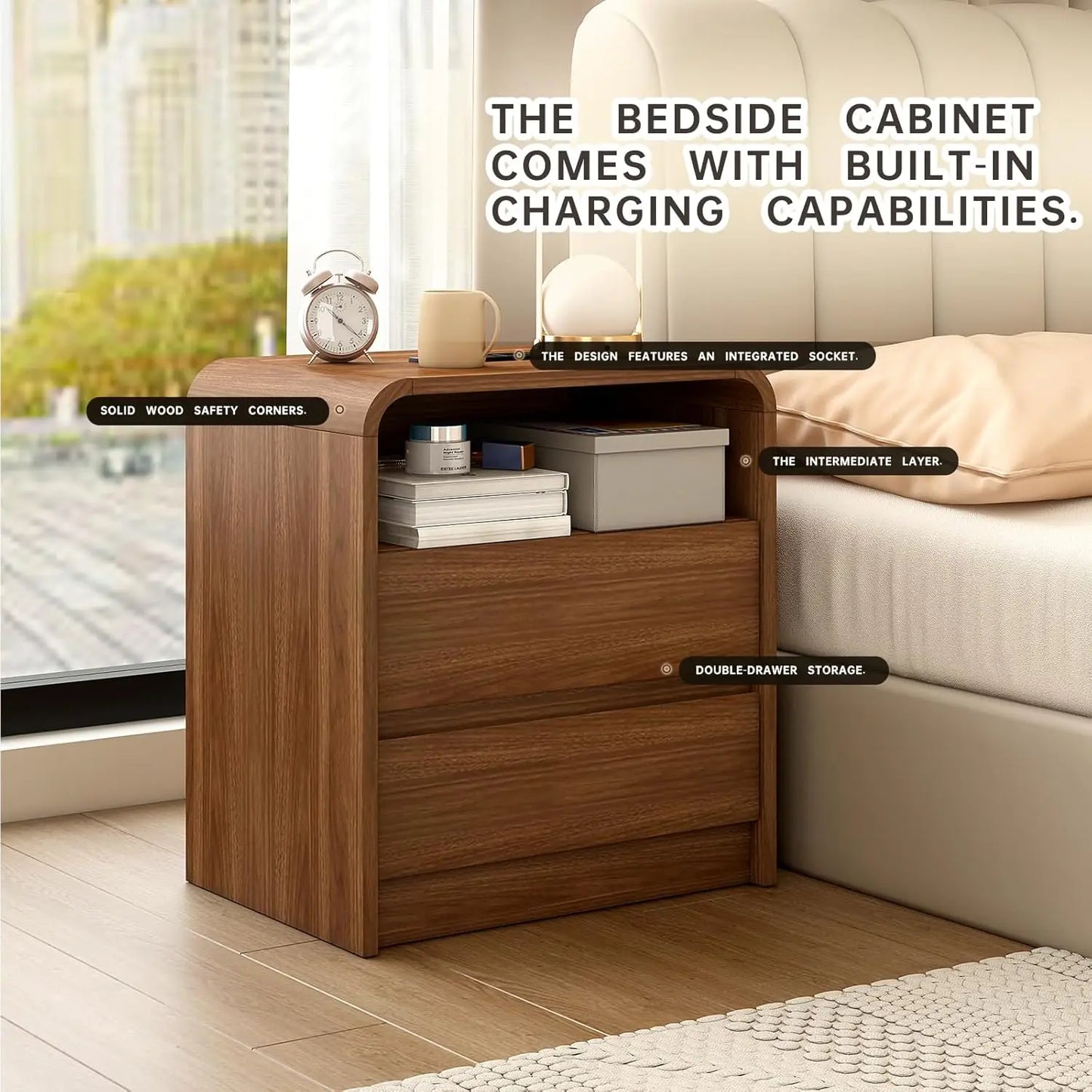 23.6" Walnut Nightstand with Charging Station, Anti-Collision Mid Century Modern Bedside Table with 500 LB, Customized