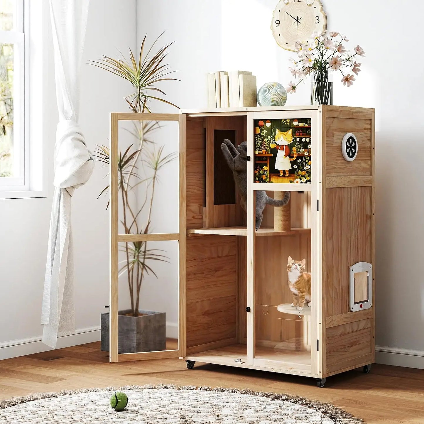 Large Wooden Cat House on Wheels, Indoor Cat Villa with Condo, Multi Platforms, Scratchers, Vent, Litter Box Area,, Custom