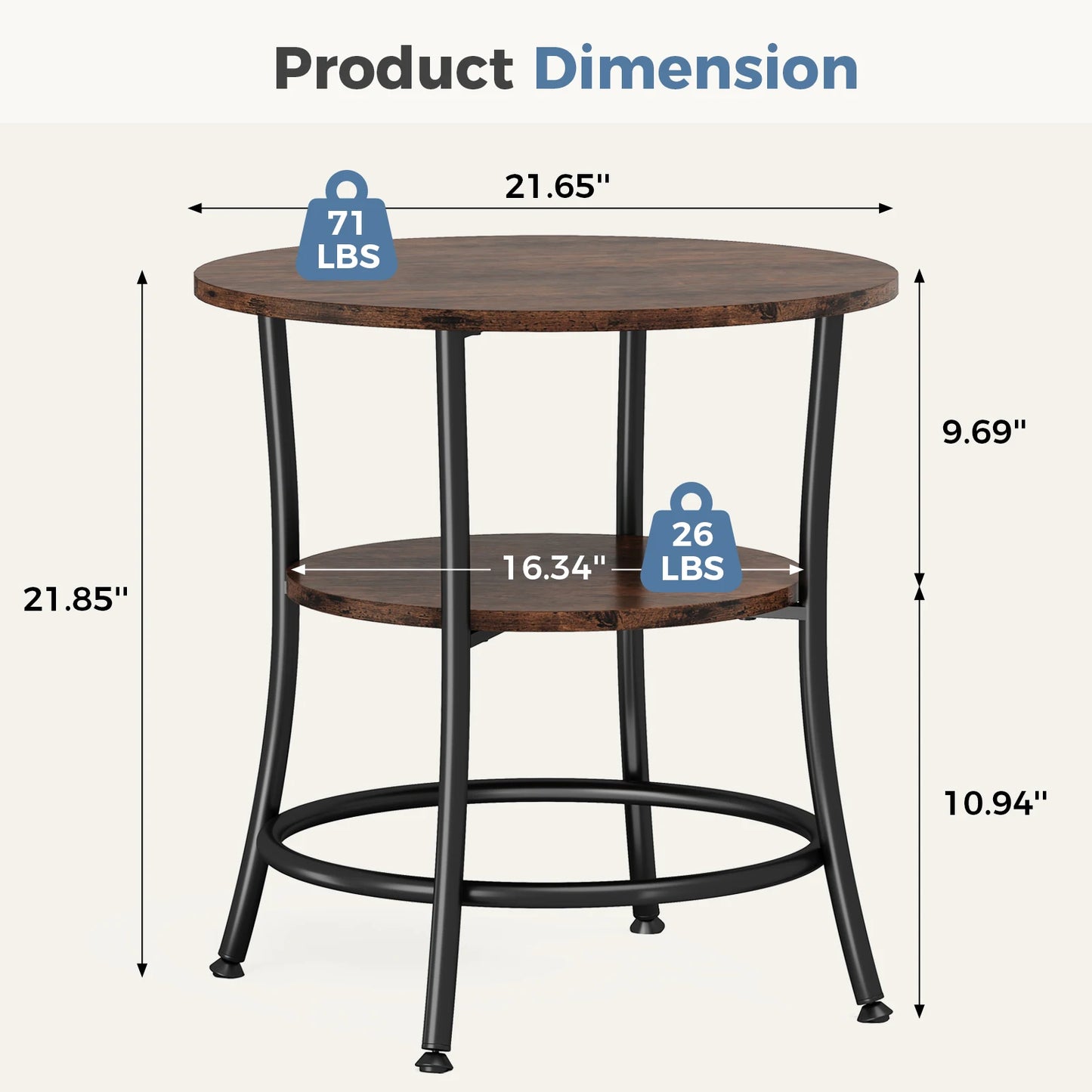 JHK 21.85 Inch Round Coffee Tables End Table 2-Tier Side Round Table for Living Room Accent Table with Storage Shelf Sturdy Metal Frame Nightstand for Small Space Round Bedside