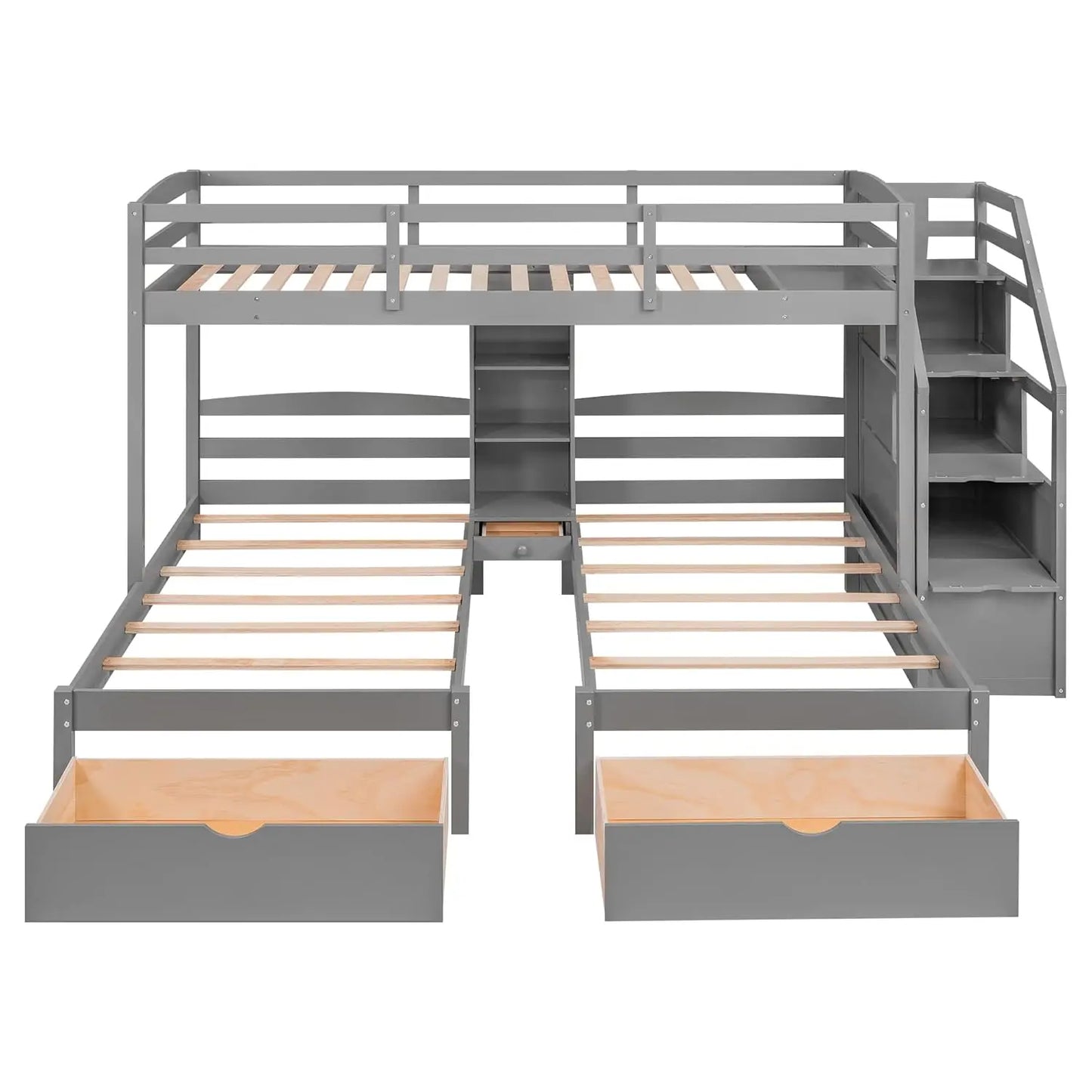 Triple Twin Bunk Bed Frame with Drawers Staircase Storage Shelves Solid Wood Sturdy Support Bedroom, Custom