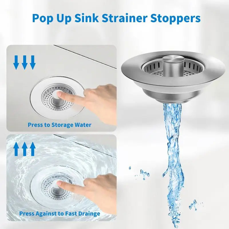 3-in-1 Stainless Steel Kitchen Sink Strainer - Pop-Up Stopper with Anti-Clogging Basket and Odor Filter, Easy Clean Drain Strain