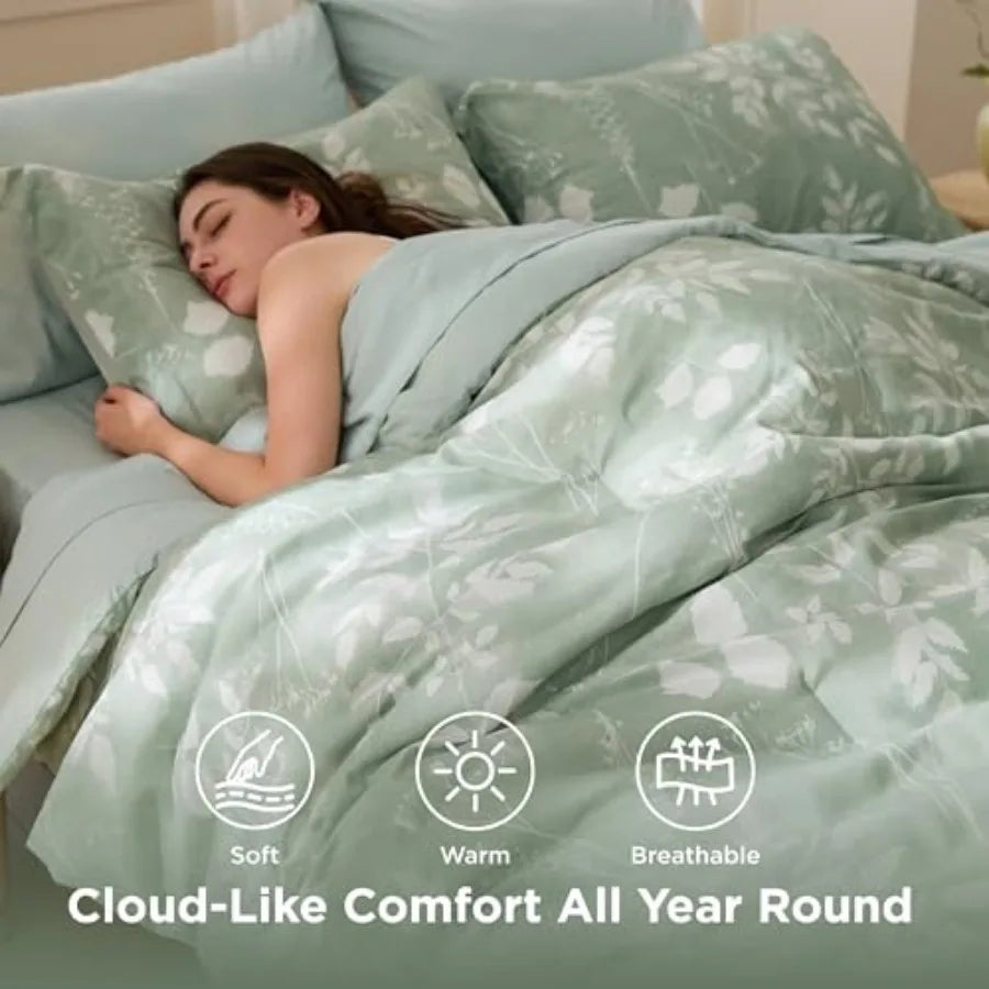 Comforter Set - 7 Pieces Floral Sage Green GentleSoft™ Bedding Sets Bed in a Bag with Botanical Flowers Winter Comforter Sheets