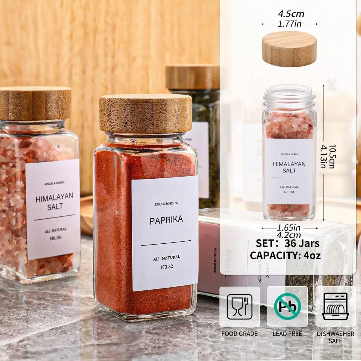 Glass Spice Jars With Bamboo Lids Modern Farmhouse 4oz Square Glass Spice Bottles 36 Pack Spice Container Set With Shaker Lids Preprinted Labels Silicone Funnel For Kitchen Cabinet Pantry Drawer Spice Rack Housewarming Gift