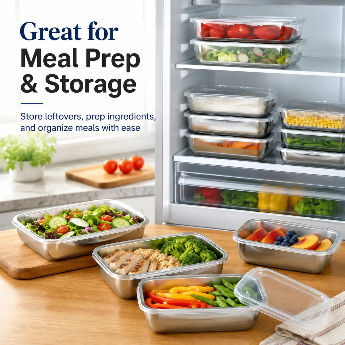 9 Pack Stackable Stainless Steel Food Storage Containers with Lids, Freezer Safe Rectangular Metal Trays for Meat, Leftovers & Kitchen Fridge Storage
