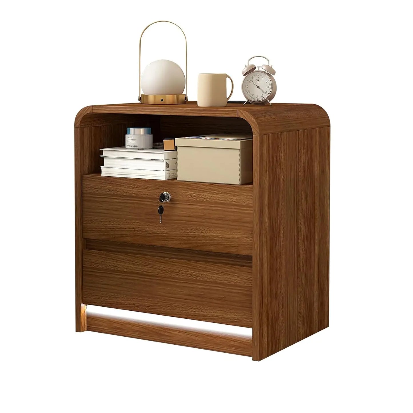 23.6" Walnut Nightstand with Charging Station, Anti-Collision Mid Century Modern Bedside Table with 500 LB, Customized