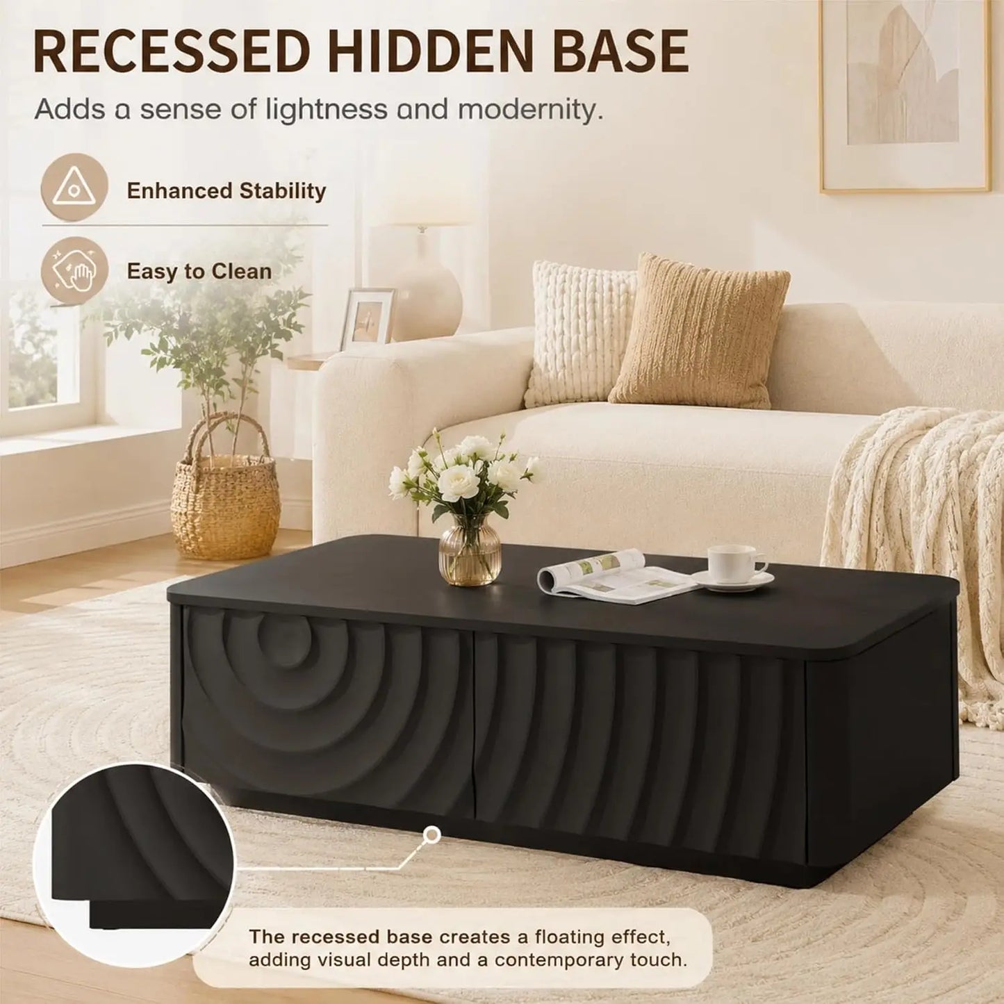 47" Modern Rectangle Coffee Table with 2 Large Drawers & Spiral Water Wave Design for Living Room, Custom