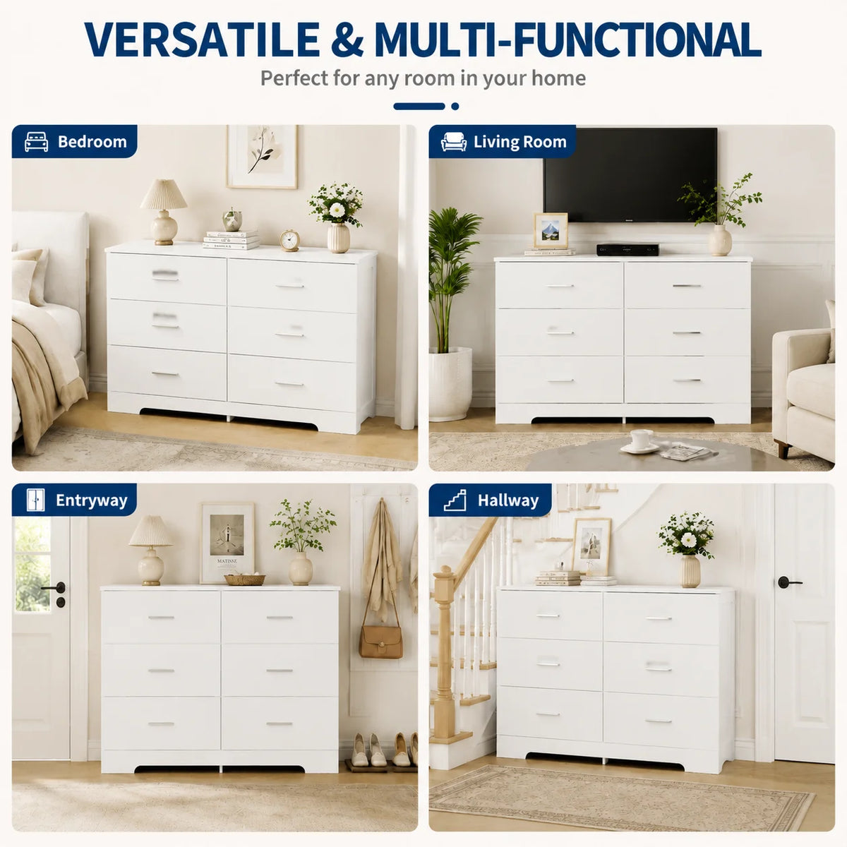 6 Drawer Storage Dresser Cabinet with Metal Handles, Modern Wood Chest of Drawers for Bedroom Living Room