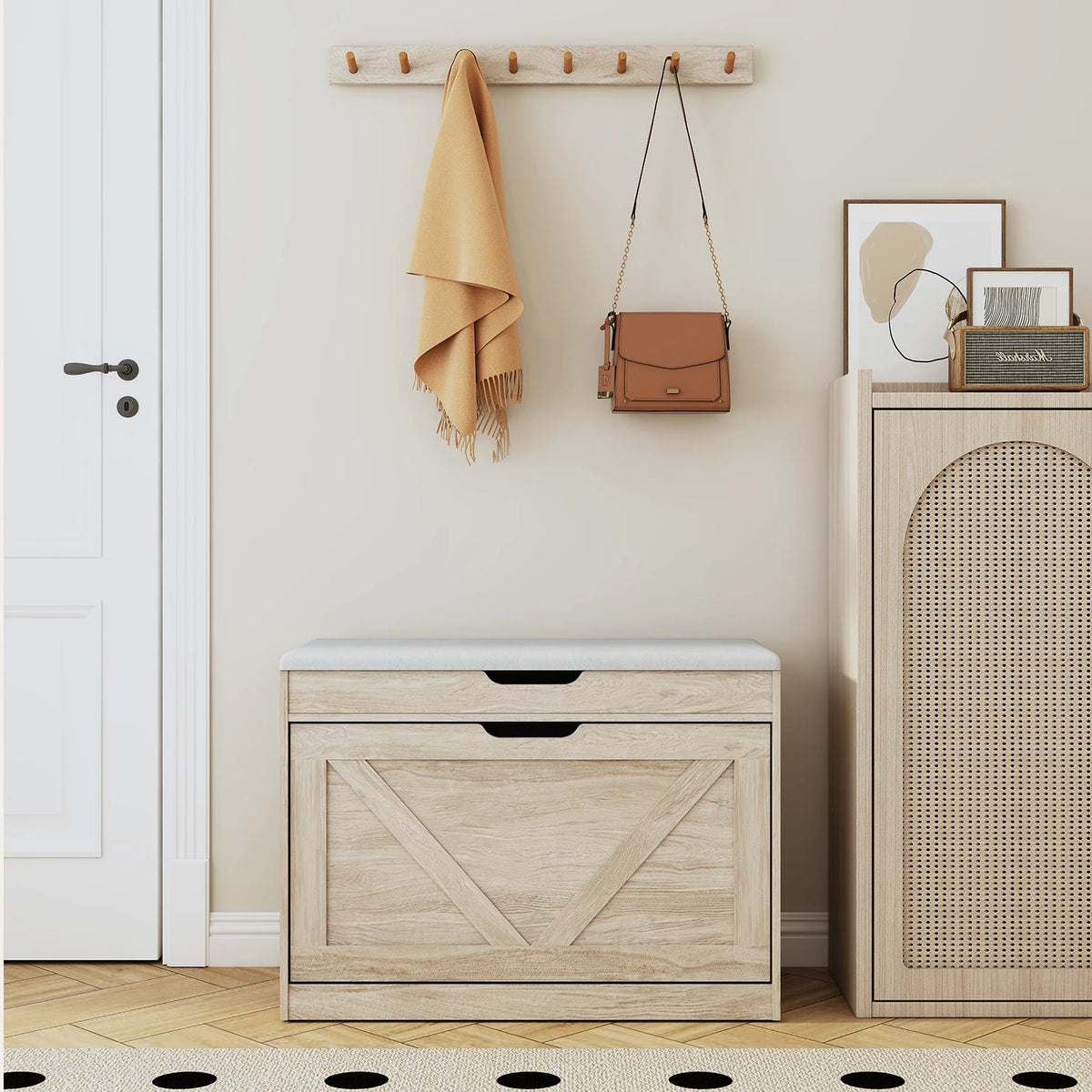 27.5" Storage Bench with Flip Drawers and Adjustable Shelf, Flip-up Cabinet & Padded Cushion - Space-Saving Shoe Cabinet, Organizer for Entryway, Hallway, Bedroom
