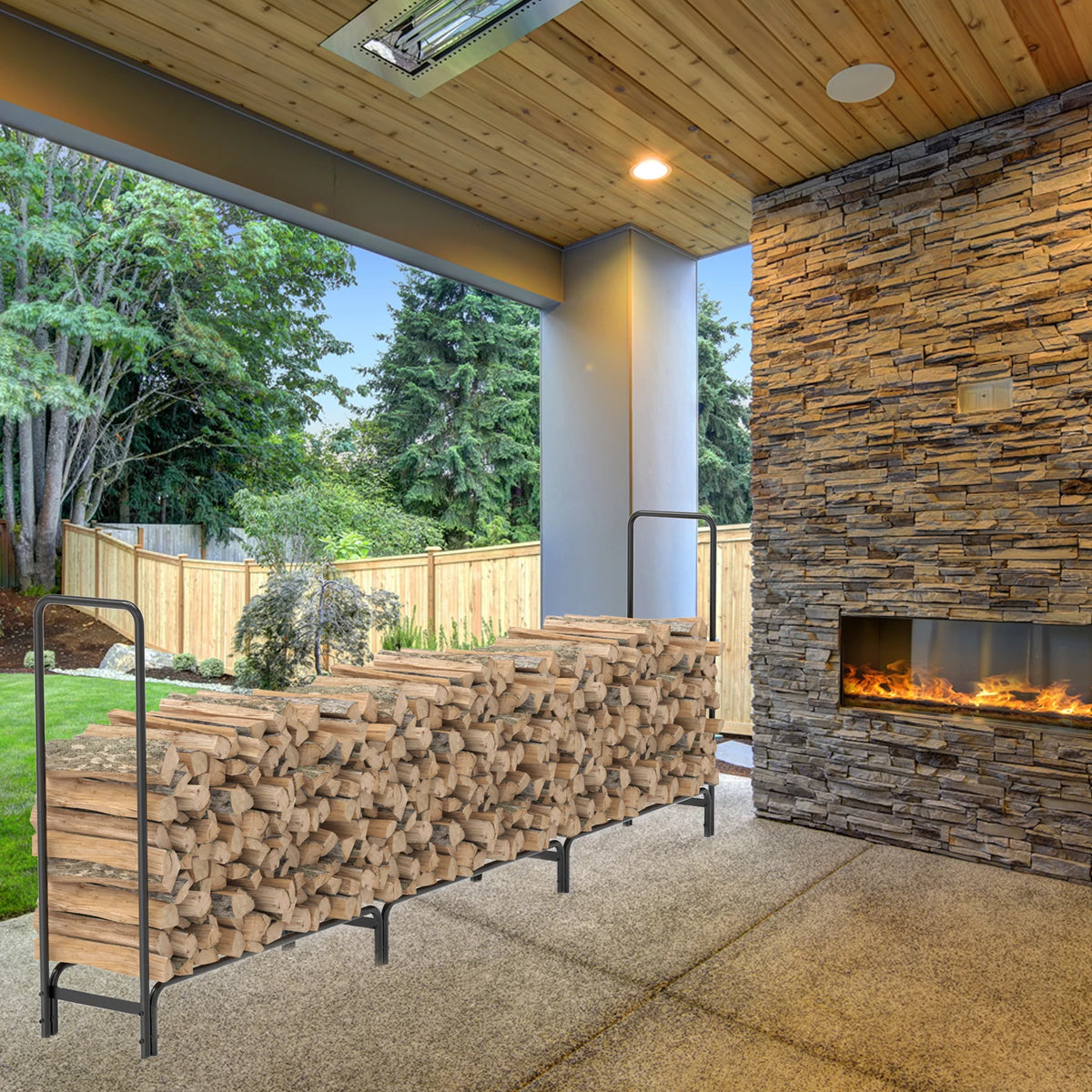 Heavy Duty Firewood Log Rack, Large Outdoor Indoor Fireplace Wood Storage Holder, Sturdy Tubular Iron Stand with 650 lbs High Capacity, Black Weather-Resistant Fire Pit Wood Stacker for Yard, Porch and Deck