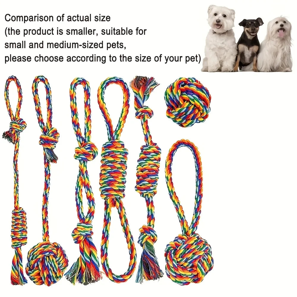 7pcs Durable Color Rainbow Blend Dog Leash Knot Toy Set - Tough chew toys-Pet Interactive Training Play And Dental Health