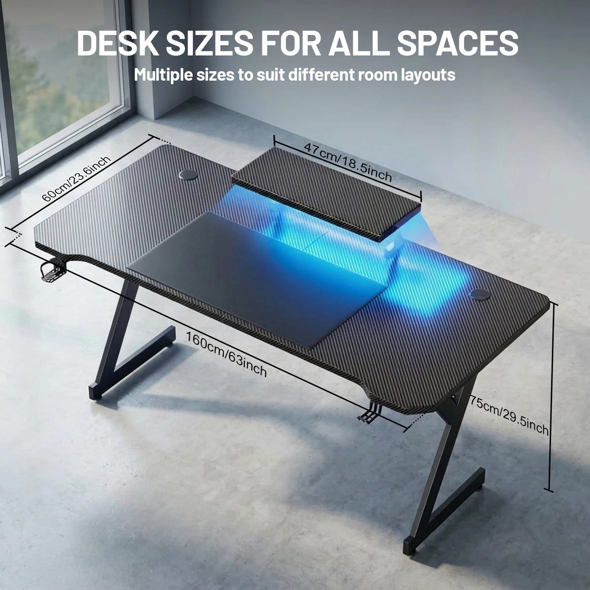 FRODROVIA Ergonomic Gaming Desk with Elevated Monitor Riser Stand & Built-in LED Light Strip, Large Curved Carbon Fiber Surface Computer Desk, Gaming Workstation with Cup Holder & Headphone Hook for Gaming Streaming Home Offi