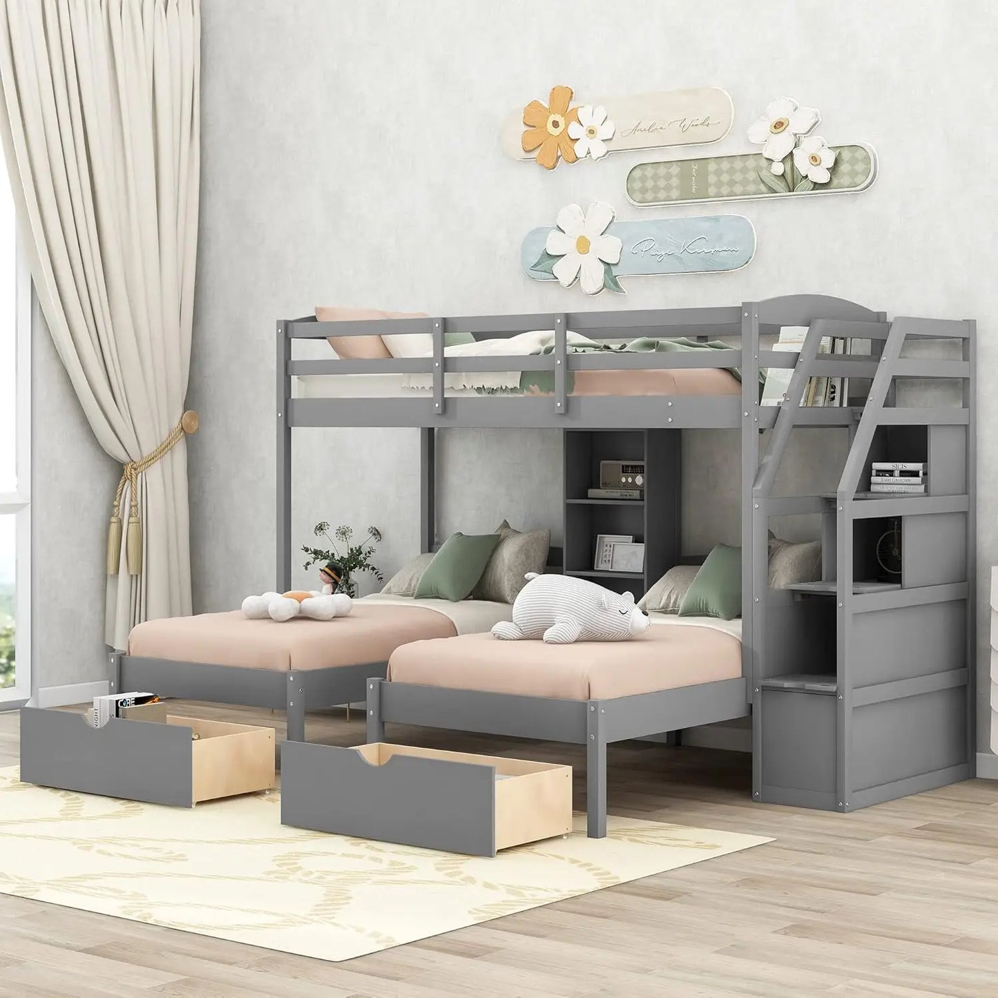 Triple Twin Bunk Bed Frame with Drawers Staircase Storage Shelves Solid Wood Sturdy Support Bedroom, Custom