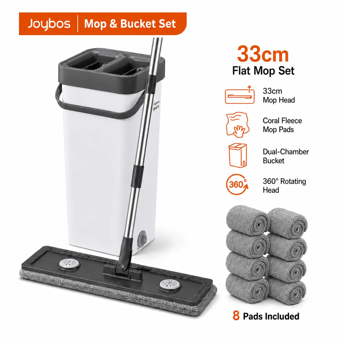 Joybos Flat Mop And Bucket Set With Hands-Free Wringer, 13-Inch Wash & Dry Dual-Chamber Floor Cleaning System, 360° Rotating Swivel Head For Hardwood/Tile, Includes 2 Coral Fleece Pads