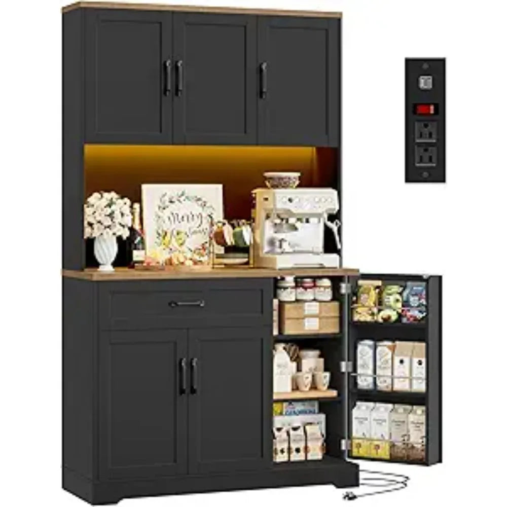 71" LED Pantry Cabinet with Power Outlet, Tall Kitchen Hutch Storage Cabinet with Microwave Stand & 6 Door Shelves,, Customized