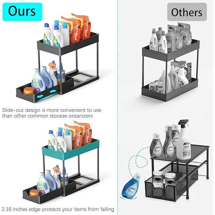 Sliding Under Sink Organizer with 5 Side Hooks and 3 Detachable Hanging Baskets,Pull Out Rustproof Metal Storage Rack,Tool Free Assembly,Multi Scene Space Saving Shelf for Kitchen,Bathroom,Laundry Room,Pantry,Apartment,Dorm,R