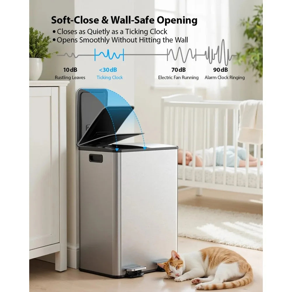 Dual Trash and Recycling Bins for Kitchen, 2 * 11-Gallon Stainless Steel Double Trash Can, Step-On Garbage, Customized
