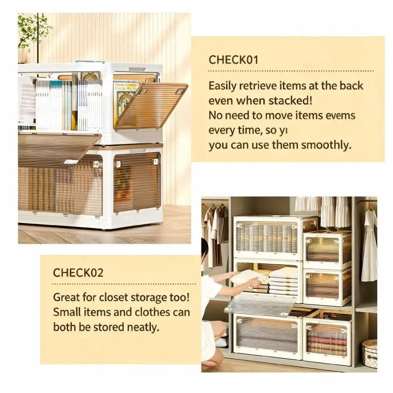 Plastic Storage Box with Lid, Foldable with Wheels, Five-Opening Door, Stackable, Used for Organizing Clothes, Snacks, and Camping, White and Light Yellow