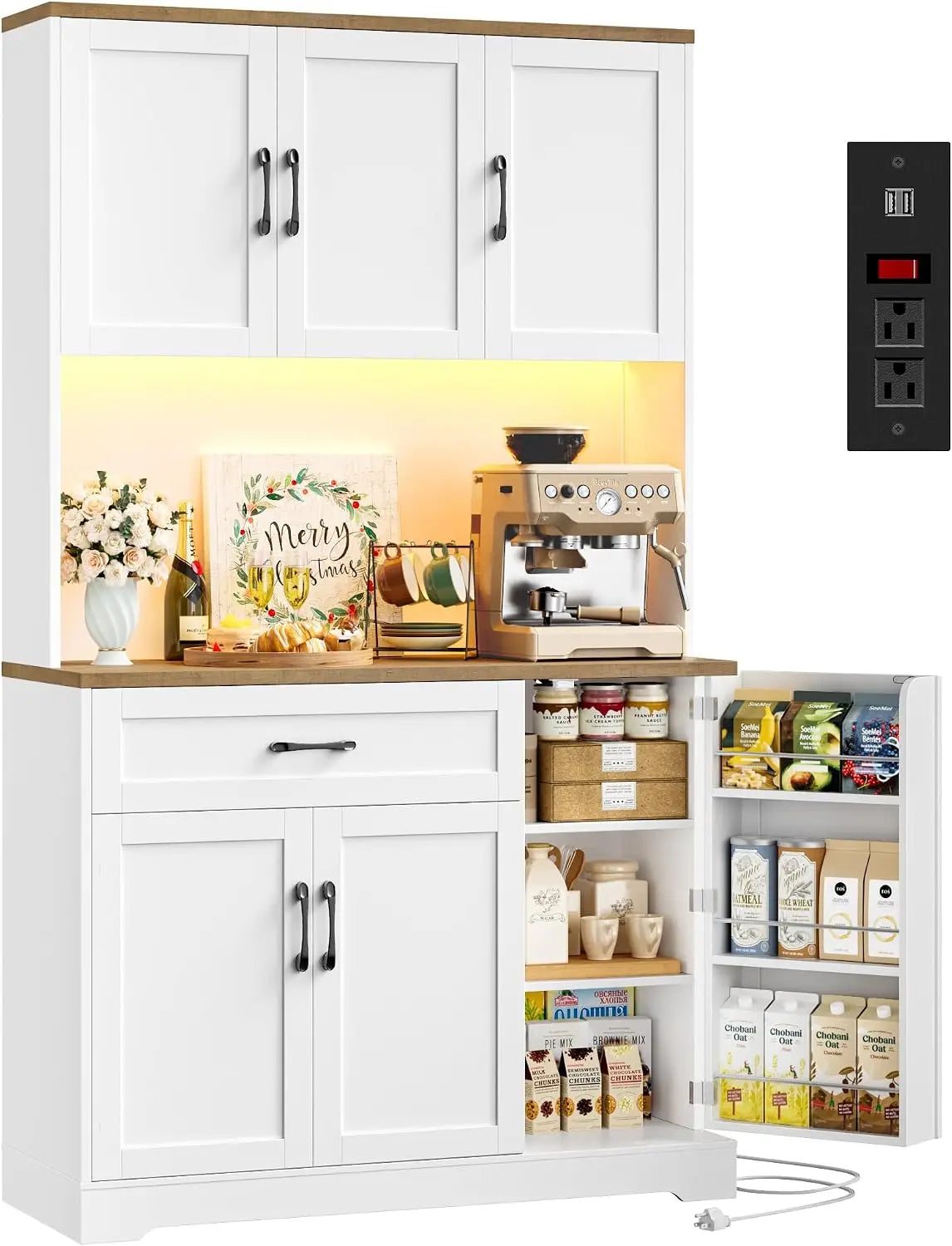 71" LED Pantry Cabinet with Power Outlet, Tall Kitchen Hutch Storage Cabinet with Microwave Stand & 6 Door Shelves,, Customized
