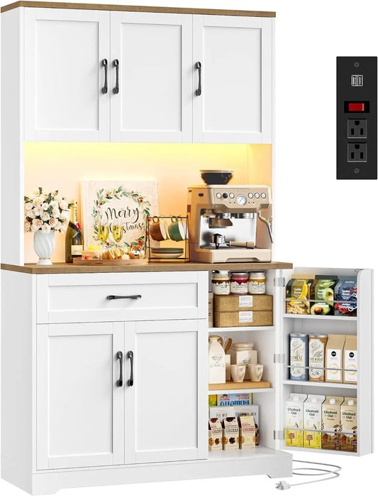 71" LED Pantry Cabinet with Power Outlet, Tall Kitchen Hutch Storage Cabinet with Microwave Stand & 6 Door Shelves,, Customized