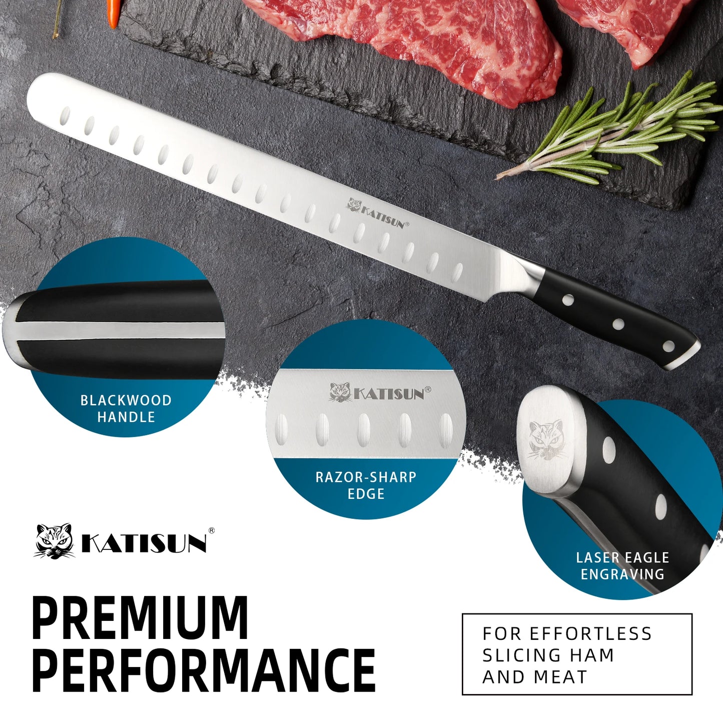 13 Inch Round Tip Ham Slicing Knife, Ultra Sharp German Premium Carbon Steel Brisket Knife Meat Cleaver