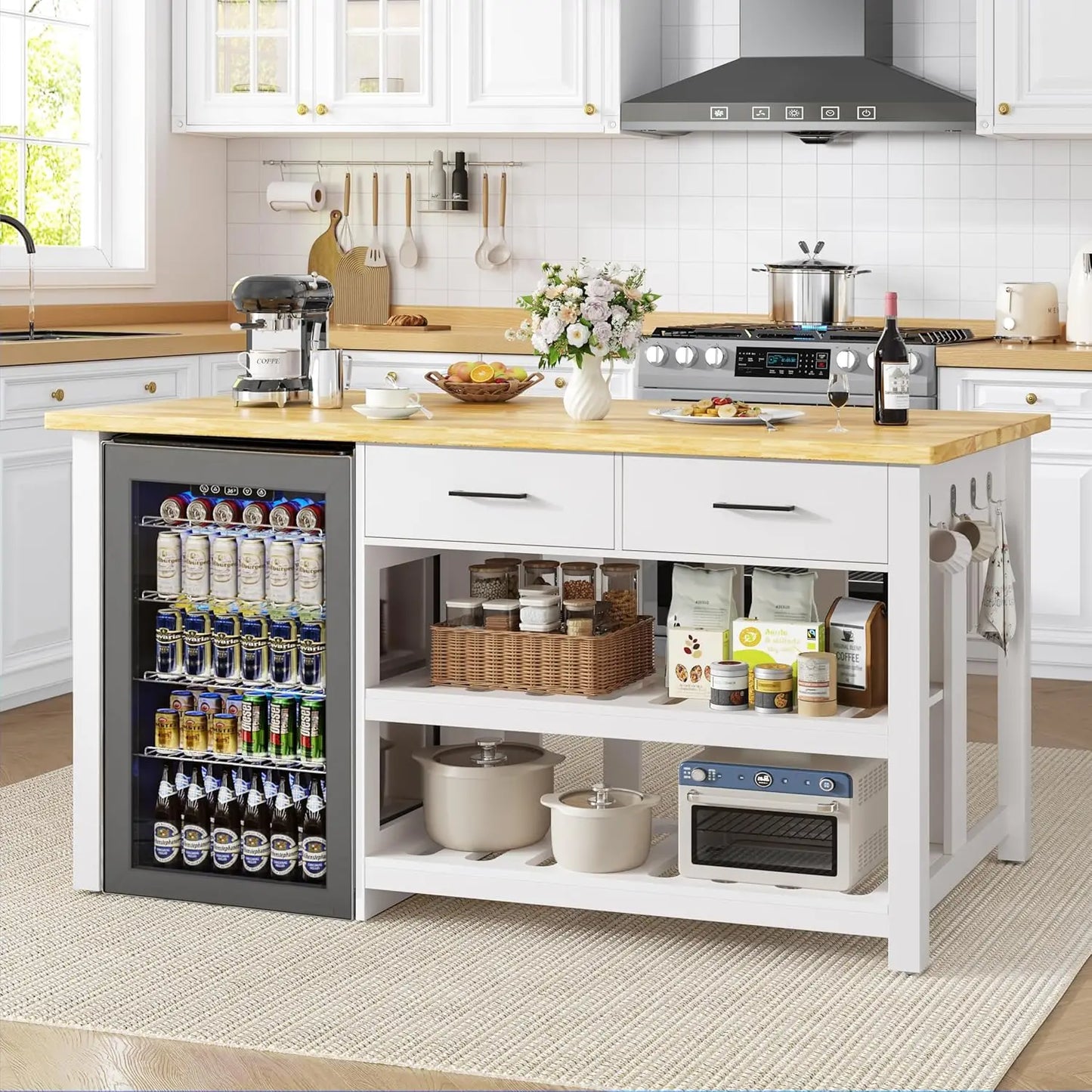 60" Solid Rubberwood Kitchen Island with Fridge Storage Space and Power Outlets, 2 Drawers & Open Shelves Coffee Bar, Custom