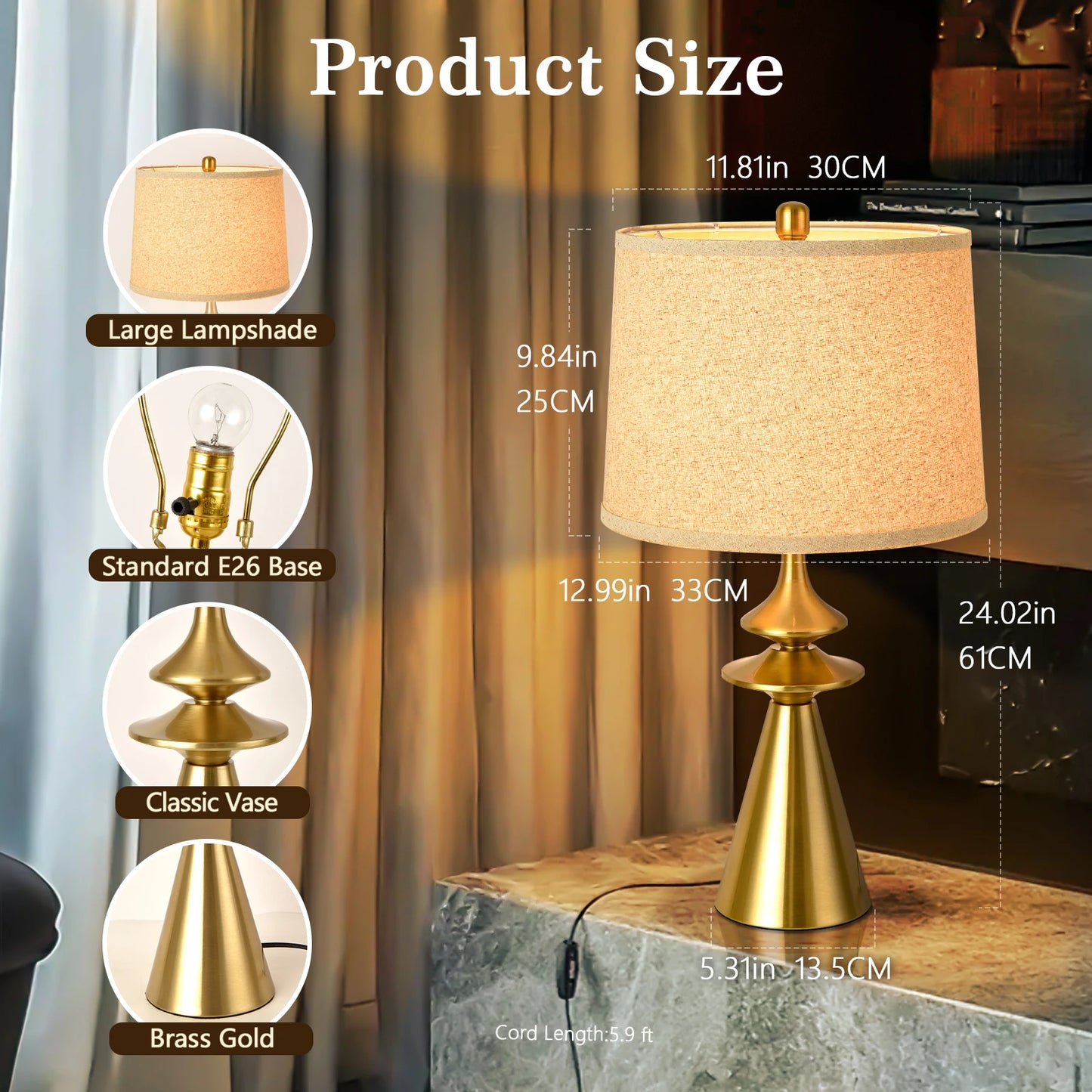 24" Gold Modern Table Lamp, Contemporary Table Lamps Single for Living Room,Tall Modern Buffet Table Lamp Single for Bedroom,