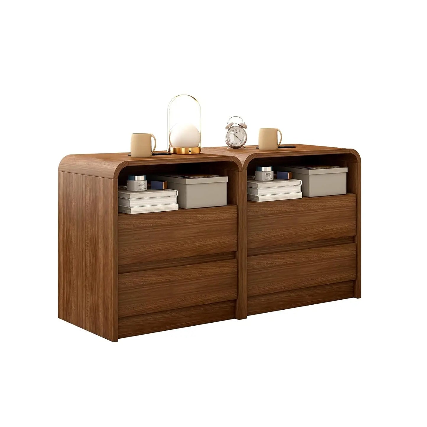 23.6" Walnut Nightstand with Charging Station, Anti-Collision Mid Century Modern Bedside Table with 500 LB, Customized