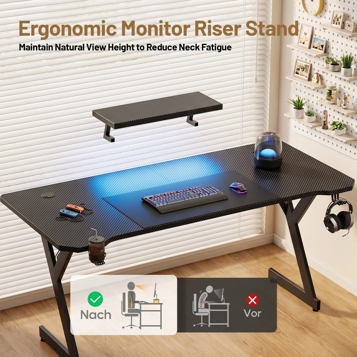 FRODROVIA Ergonomic Gaming Desk with Elevated Monitor Riser Stand & Built-in LED Light Strip, Large Curved Carbon Fiber Surface Computer Desk, Gaming Workstation with Cup Holder & Headphone Hook for Gaming Streaming Home Offi
